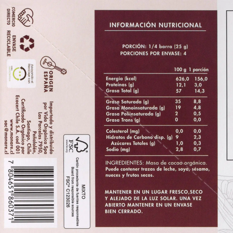 Chocolate Orgánico 100% puro cacao