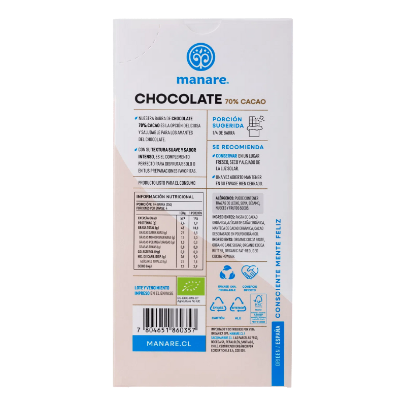 Chocolate Orgánico 70% cacao