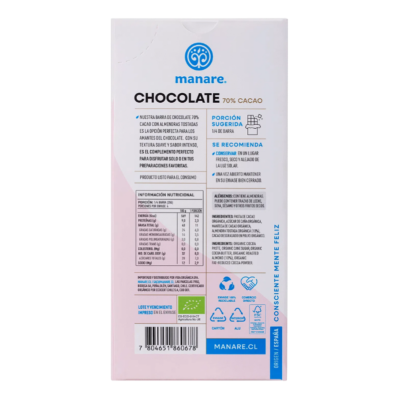 Chocolate Orgánico con almendras 70% cacao