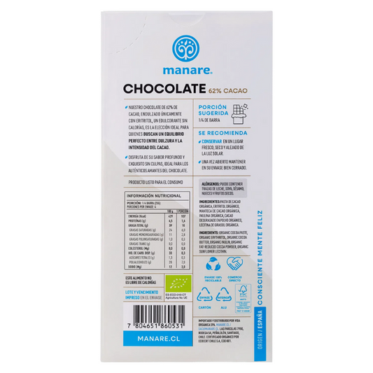 Chocolate Orgánico Sin Azúcar 62% cacao